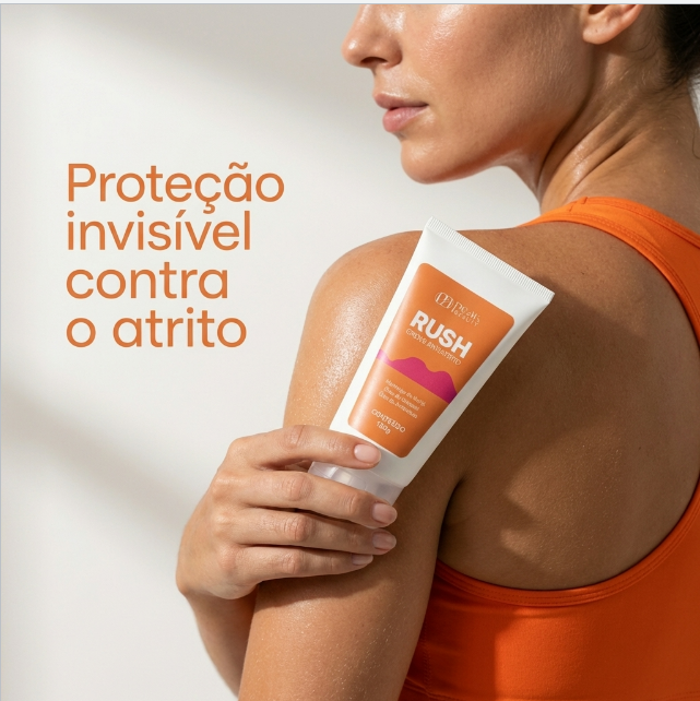 Creme antiatrito Rush aplicado no ombro: proteção invisível contra o atrito