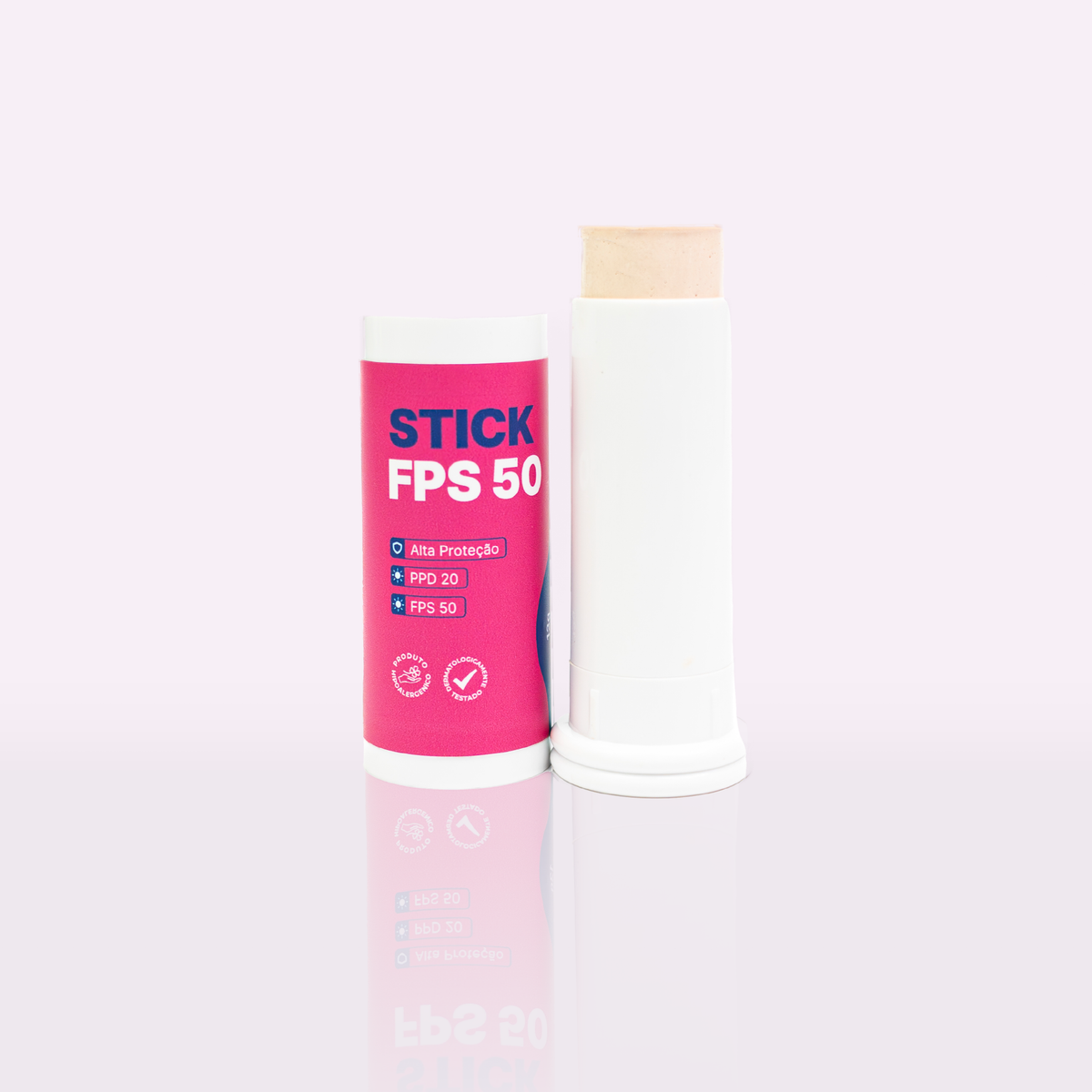 Stick FPS 50 aberto, mostrando o bastão de protetor solar com cor