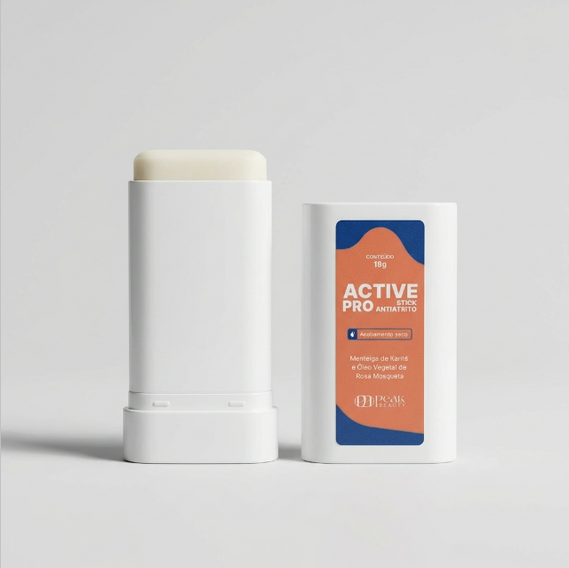 Active Pro, stick antiatrito Peak Beauty, aberto ao lado da embalagem