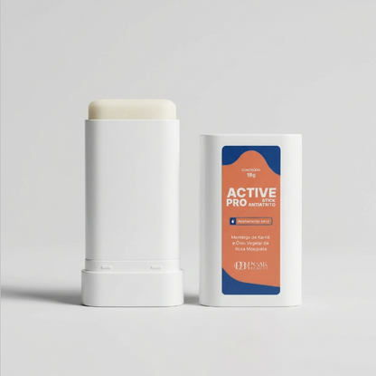 Active Pro, stick antiatrito Peak Beauty, aberto ao lado da embalagem
