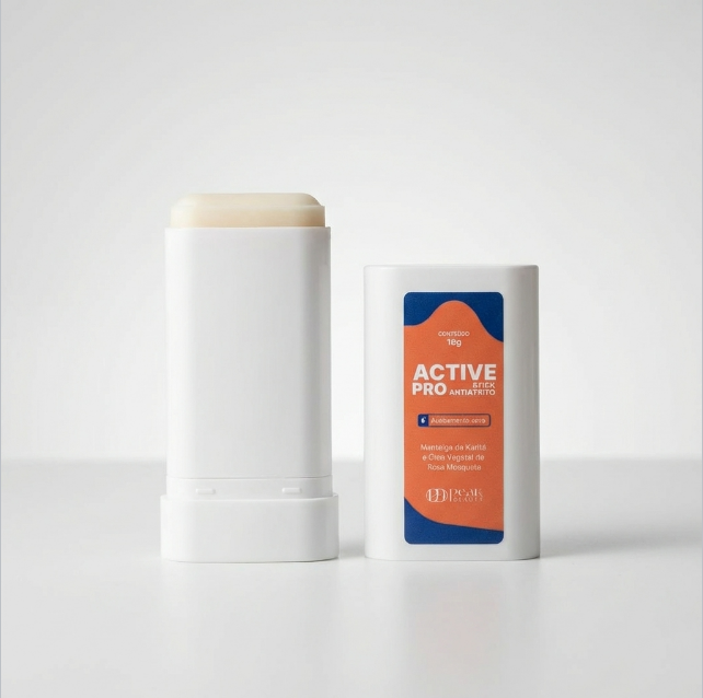 Active Pro stick antiatrito Peak Beauty aberto ao lado da embalagem