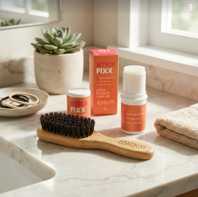 Kit Antifrizz: Stick Fixx e escovinha Peak Beauty sobre bancada de banheiro