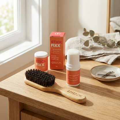 Stick Fixx e escovinha antifrizz Peak Beauty sobre penteadeira de madeira
